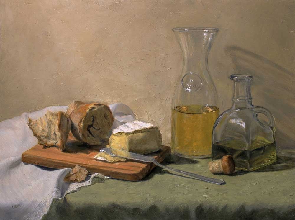 Bread, Cheese, Wine, and Olive Oil, 12 x 16 inches, oil on linen panel
