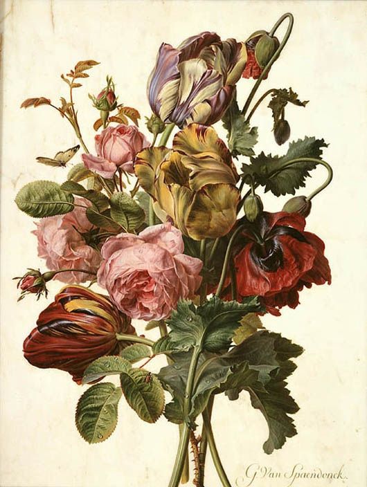 Gerard Van Spaendonck (1746-1822) Bouquet of Tulips, Roses and an Opium Poppy, with a Pale Clouded Yellow Butterfly, a Red Longhorn Beetle and a Seven-spotted Ladybug. Oil on marble.